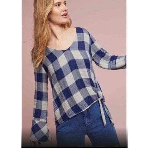 Cloth & Stone Blue Gingham Plaid Knotted High Low Blouse Large - Picture 1 of 11